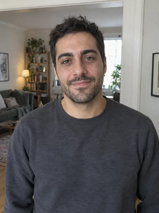 A man wearing a grey crew-neck shirt in a living room