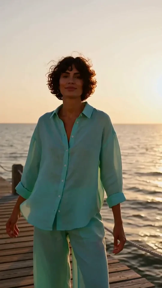 A woman in a teal shirt and trousers standing beside the sea at sunset